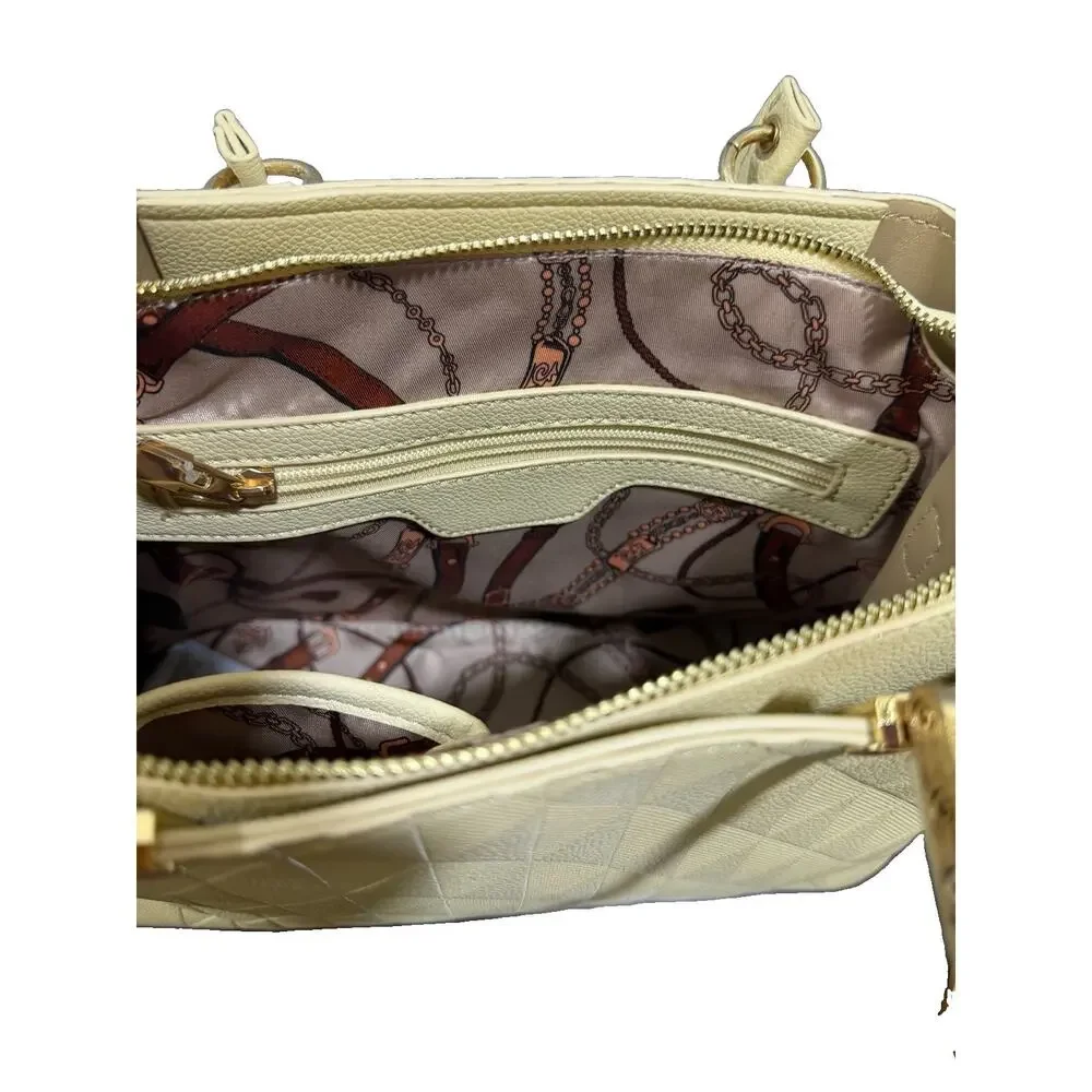 La Terre Beige Embossed Diamond Satchel Handbag Gold Tone Hardware NWT